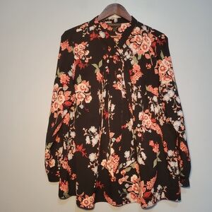 Lane‎ Bryant Floral Tunic Black Long Sleeve Front Tie/Cross Top Womens Size14/16